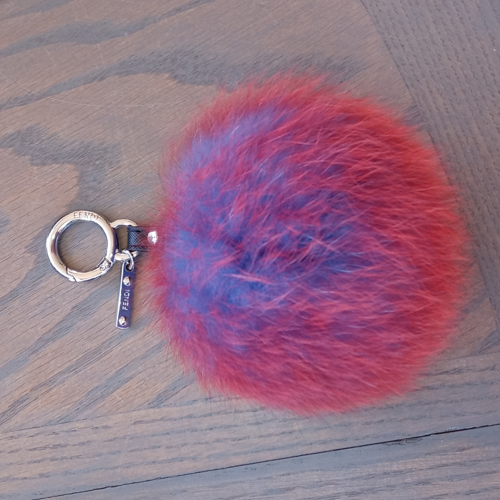 FENDI BICOLOR  RED/BLUE FOX FUR POMPOM BAG CHARM